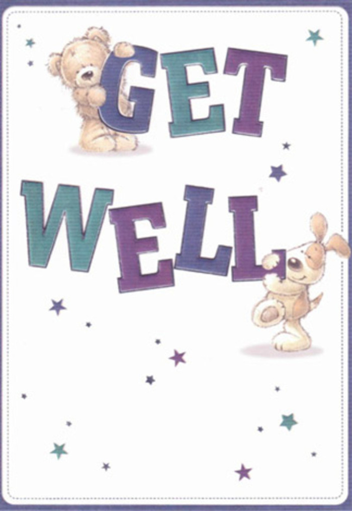 This get well card is a heartfelt celebration of support, beautifully illustrated with the friendly figures of a bear and a puppy, both radiating playful compassion. They engage with oversized, jubilant lettering-'Get Well'-coloured in a rich palette of purples and aquas, their shapes exuberant yet steady, like a reassuring hand on your shoulder while walking through Archway's bustling markets. Spirited starbursts float around them, painted in shades of blue and indigo, simulating the sparkle of hope that gleams even on the cloudiest days near Archway Bridge. The tactile quality of the artwork stands out: the soft, fluffy bear fur and the puppy's velvety ears invite you to imagine the comforting touch of beloved pets or the gentle textures of flowers arranged at Archway Florist for neighbours recovering at home. The spacious, pristine background enhances a sense of clarity and possibility, reminiscent of the open air in Waterlow Park. Every brushstroke feels as deliberate as the careful placement of sweet peas or freesias in a get well bouquet. This card radiates lightness and sincere encouragement-offering both a visual and emotional embrace to those needing a lift. It's easy to picture these friendly faces accompanying a fresh bunch of blooms, delivered alongside wishes for a swift return to health in Archway.